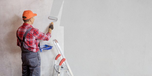 Professional Painter Man Painting Wall In Grey Color Banner Re House Painting Services